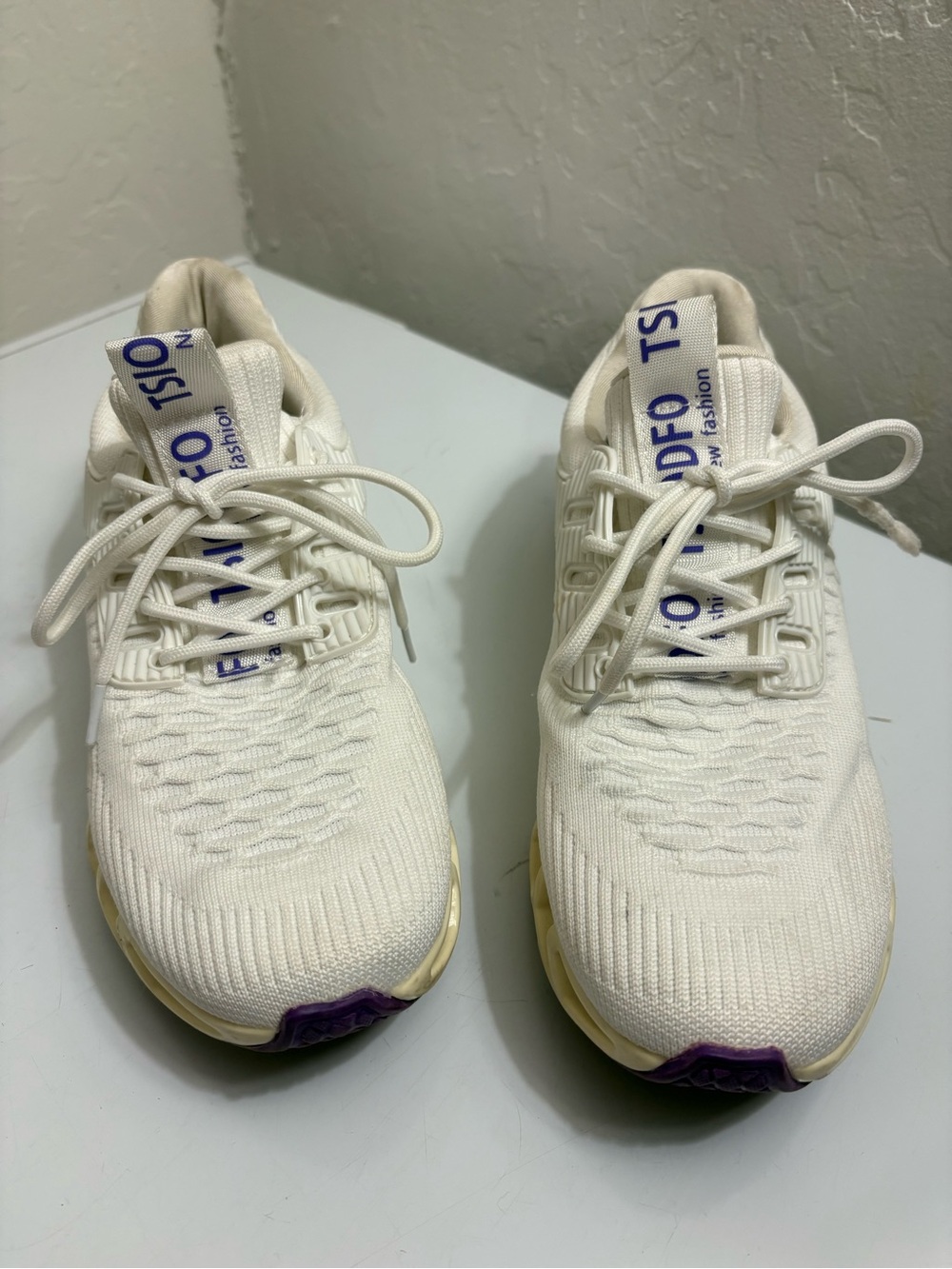 Women's White Knit Lace-Up Sneakers with Purple Accent